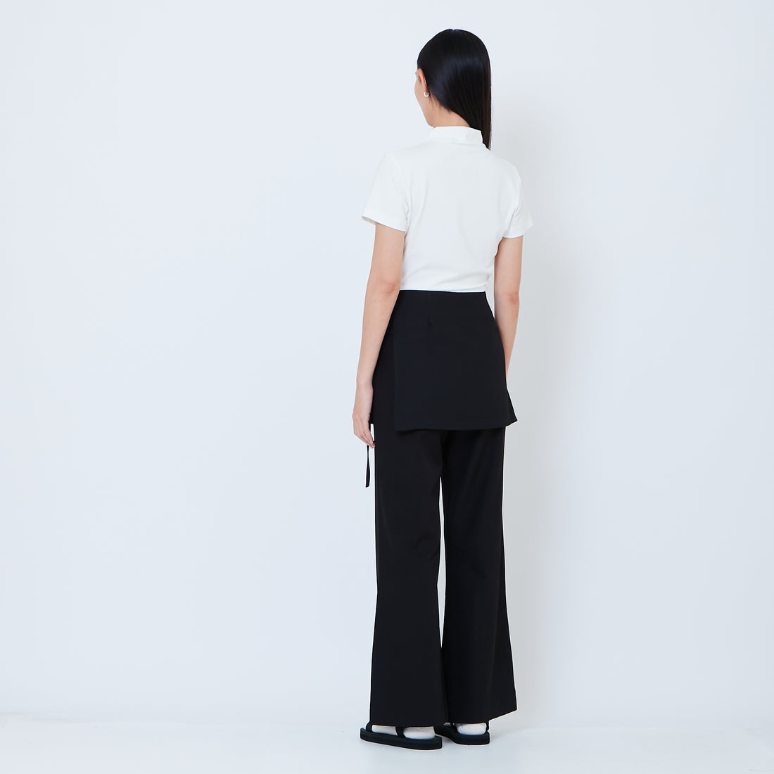 Women Straight Cut Pants with Skirt Overlay - Black - SW2603102B