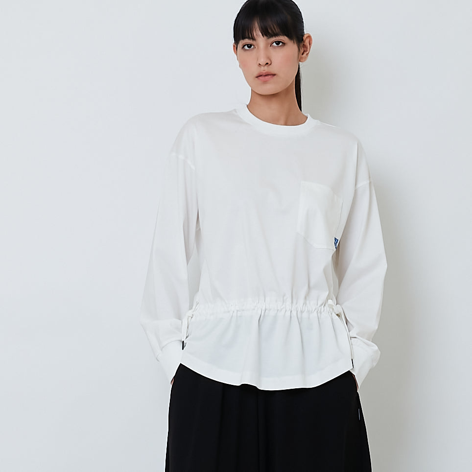 Women Drawstring Long Sleeve Top - Off White - SW2603072A