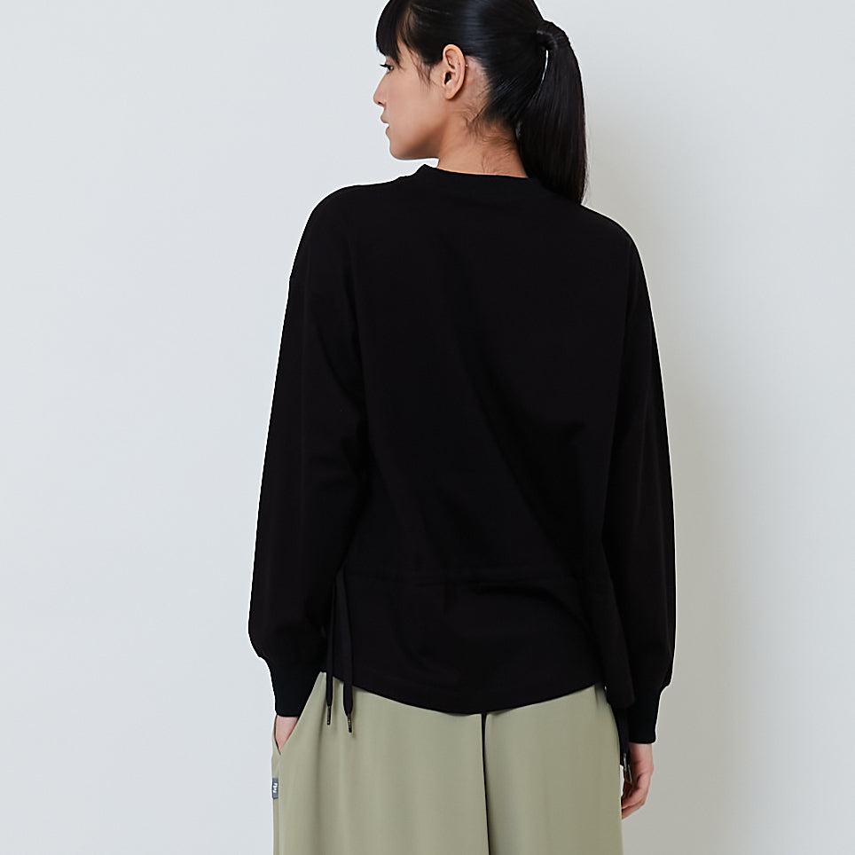 Women Drawstring Long Sleeve Top - Black - SW2603072B