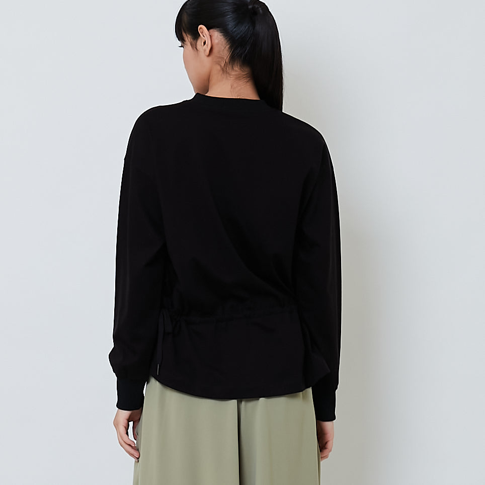 Women Drawstring Long Sleeve Top - Black - SW2603072B