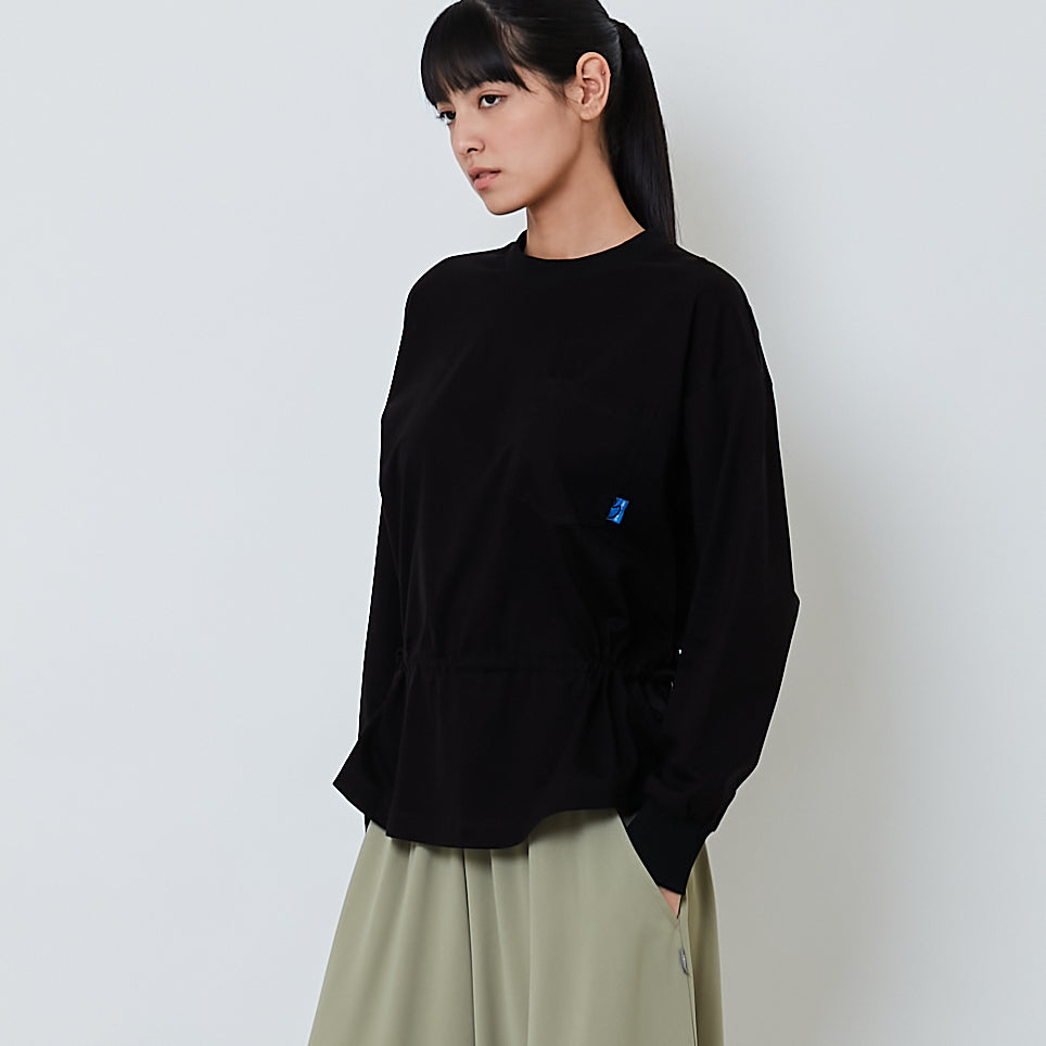 Women Drawstring Long Sleeve Top - Black - SW2603072B