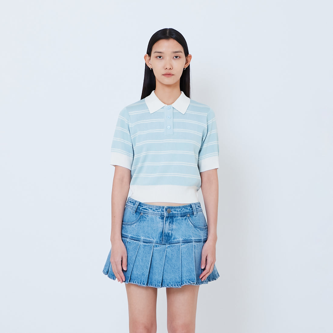 Women Striped Polo Knit Top - Light Blue - SW2603073A