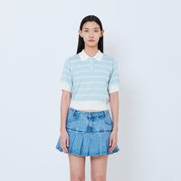 Women Striped Polo Knit Top - Light Blue - SW2603073A