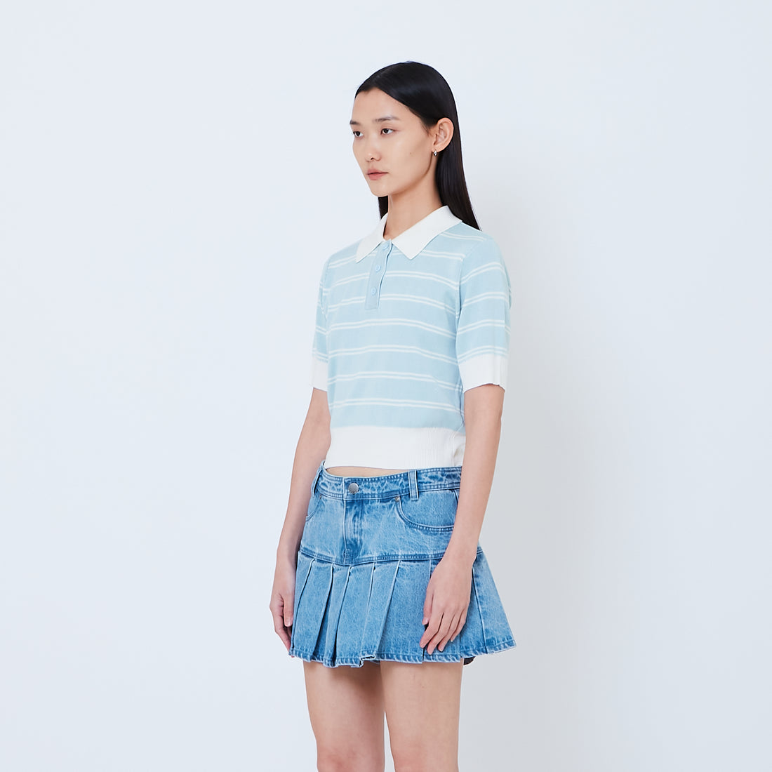 Women Striped Polo Knit Top - Light Blue - SW2603073A