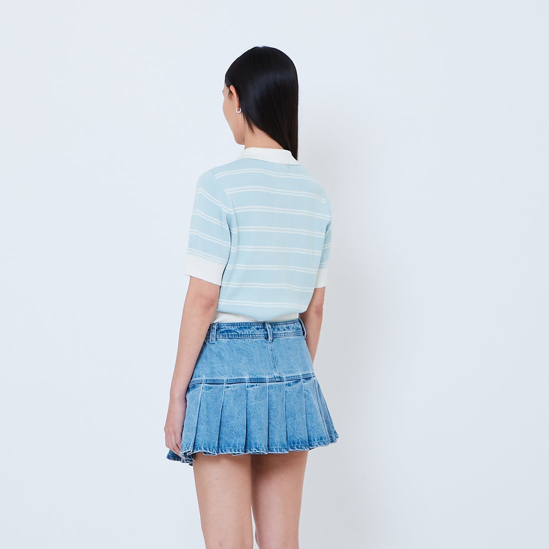 Women Striped Polo Knit Top - Light Blue - SW2603073A