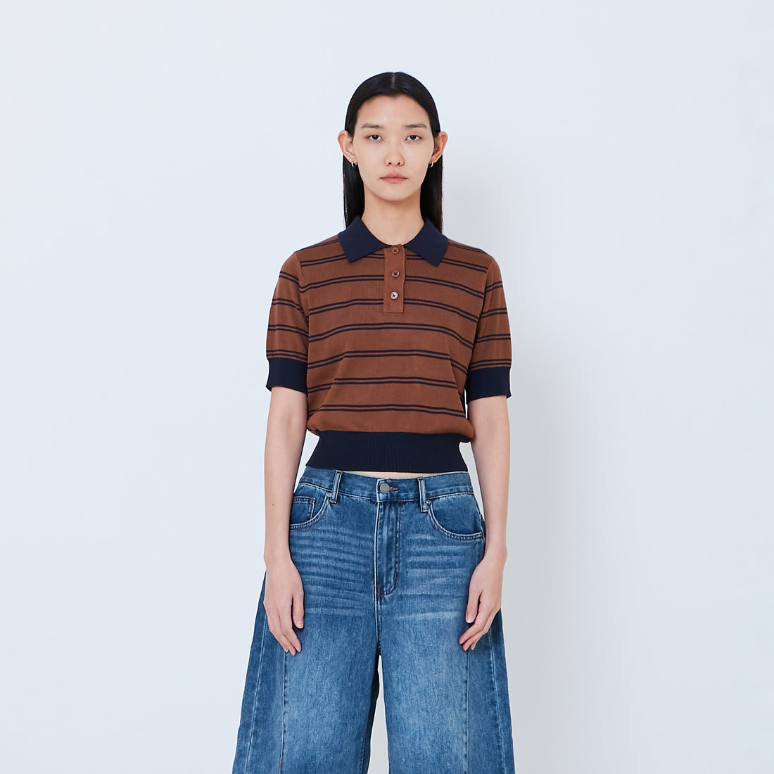 Women Striped Polo Knit Top - Brown - SW2603073B