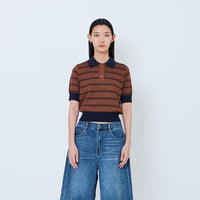 Women Striped Polo Knit Top - Brown - SW2603073B
