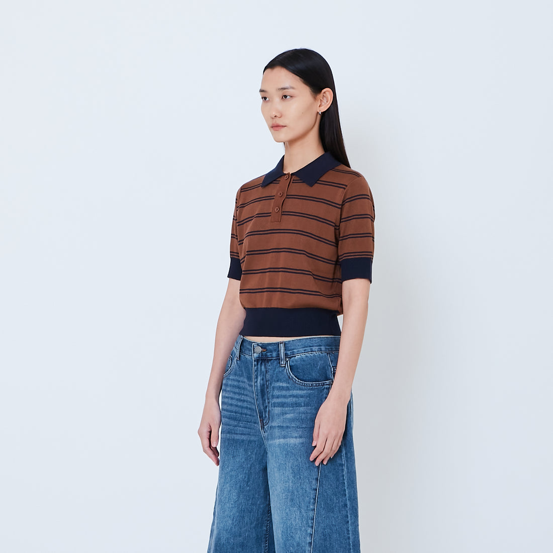 Women Striped Polo Knit Top - Brown - SW2603073B
