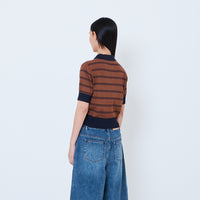 Women Striped Polo Knit Top - Brown - SW2603073B