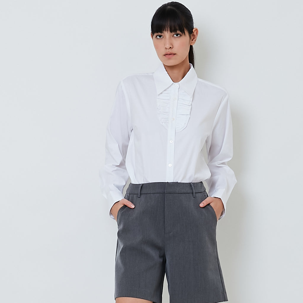 Women Ruffled-Placket Shirt - Off White - SW2603076A