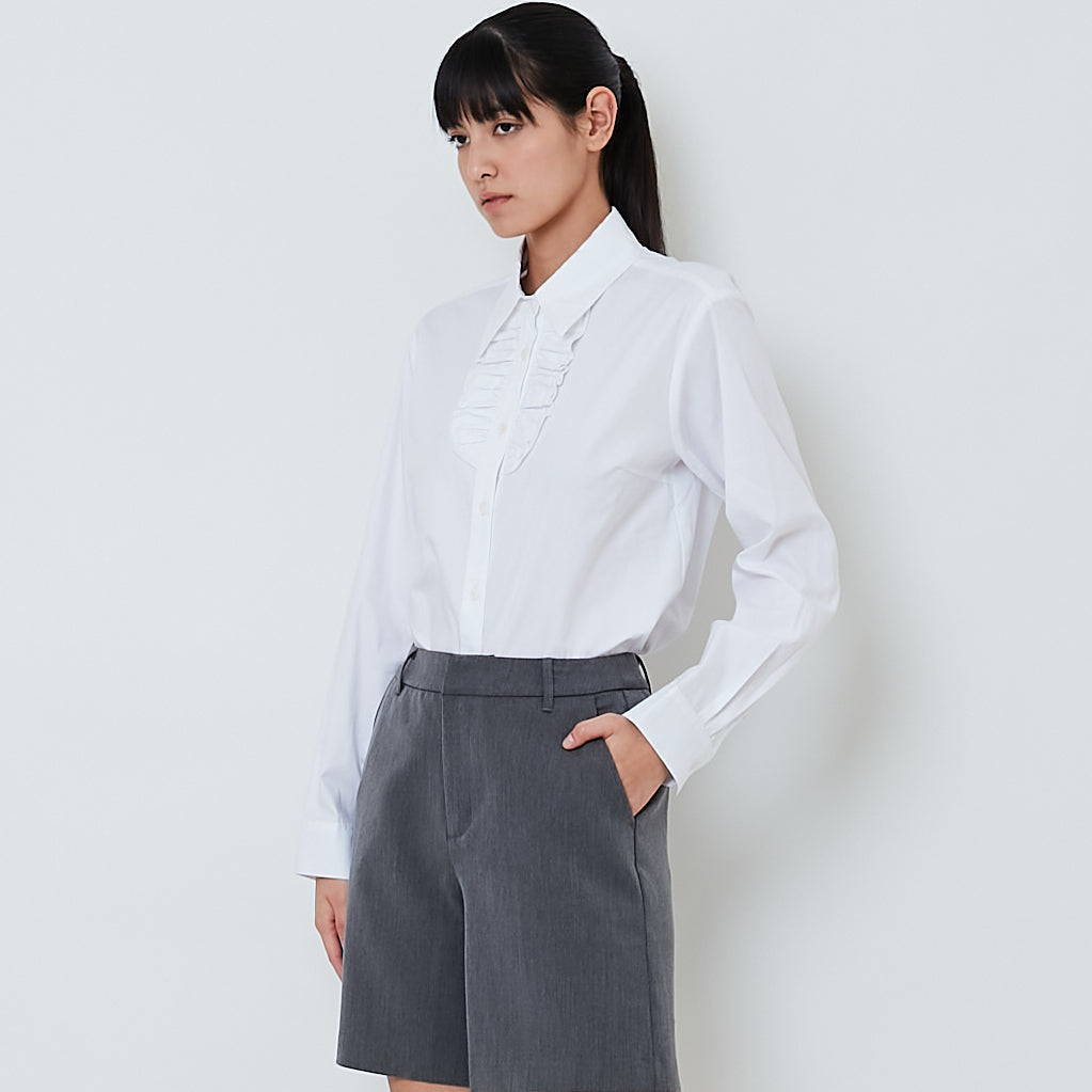 Women Ruffled-Placket Shirt - Off White - SW2603076A