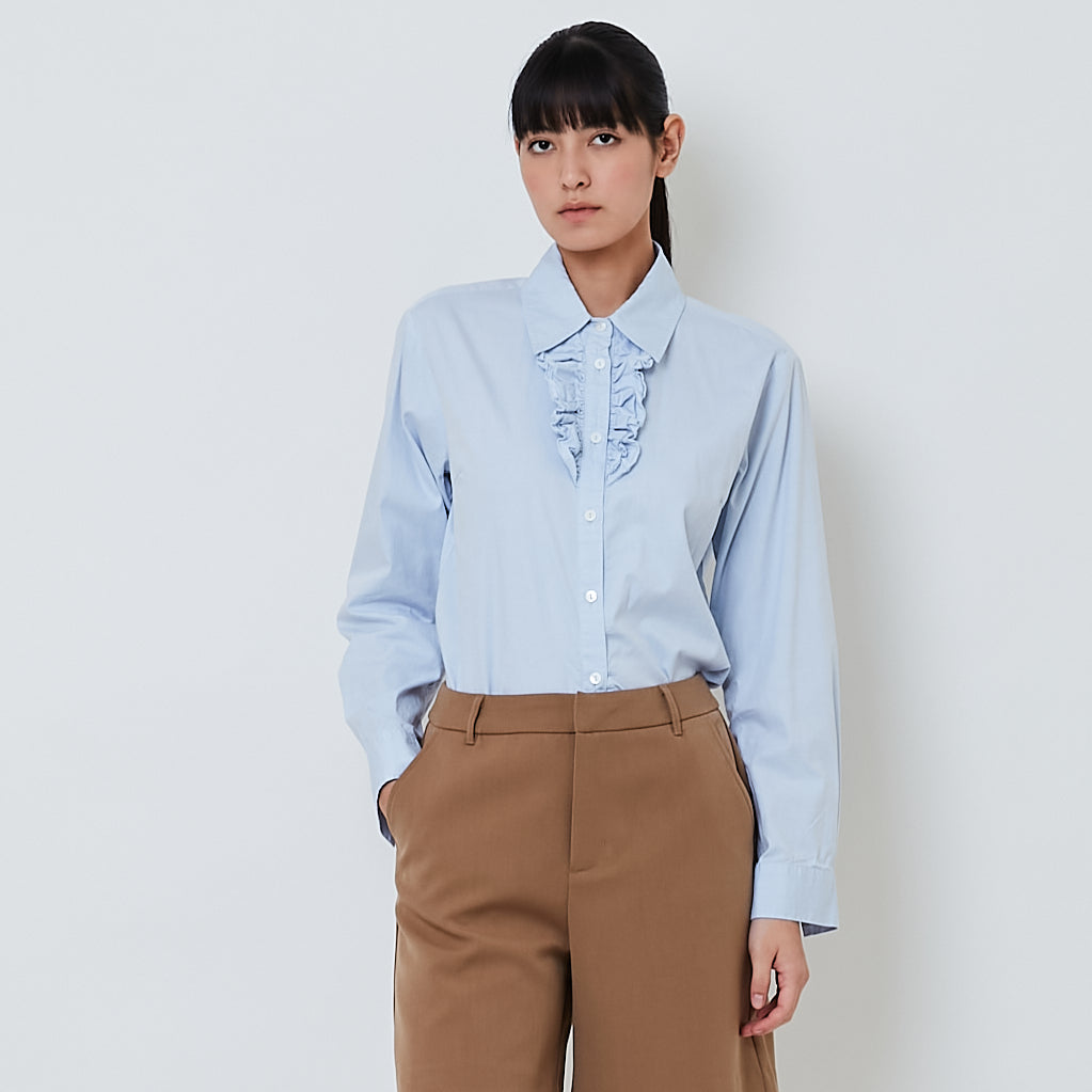 Women Ruffled-Placket Shirt - Light Blue - SW2603076B