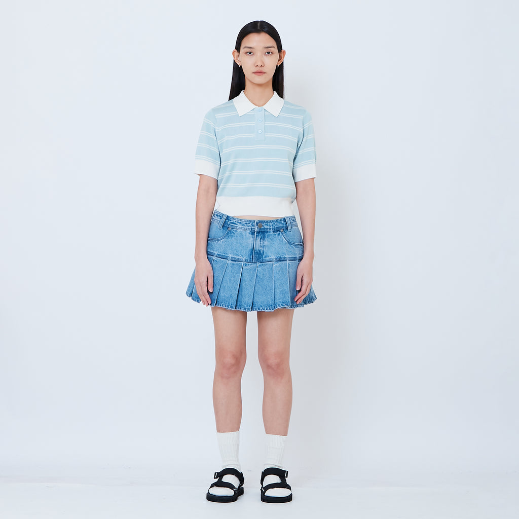 Women Pleated Denim Skirt - Light Blue - SW2603081A