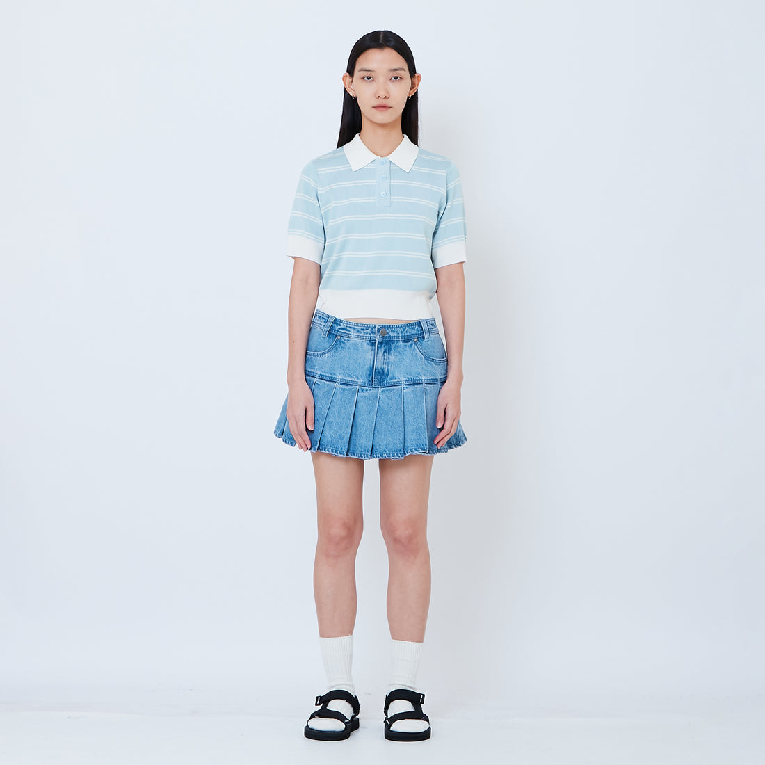 Women Pleated Denim Skirt - Light Blue - SW2603081A