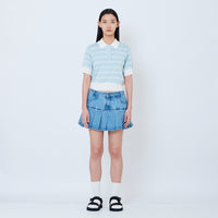 Women Pleated Denim Skirt - Light Blue - SW2603081A