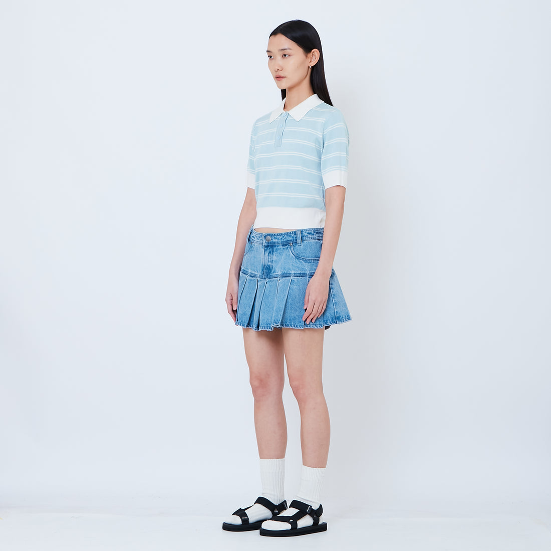 Women Pleated Denim Skirt - Light Blue - SW2603081A