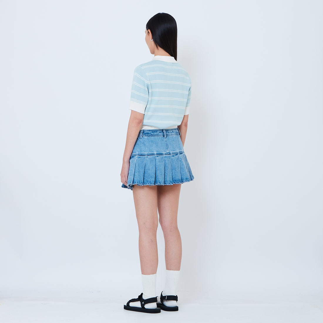 Women Pleated Denim Skirt - Light Blue - SW2603081A