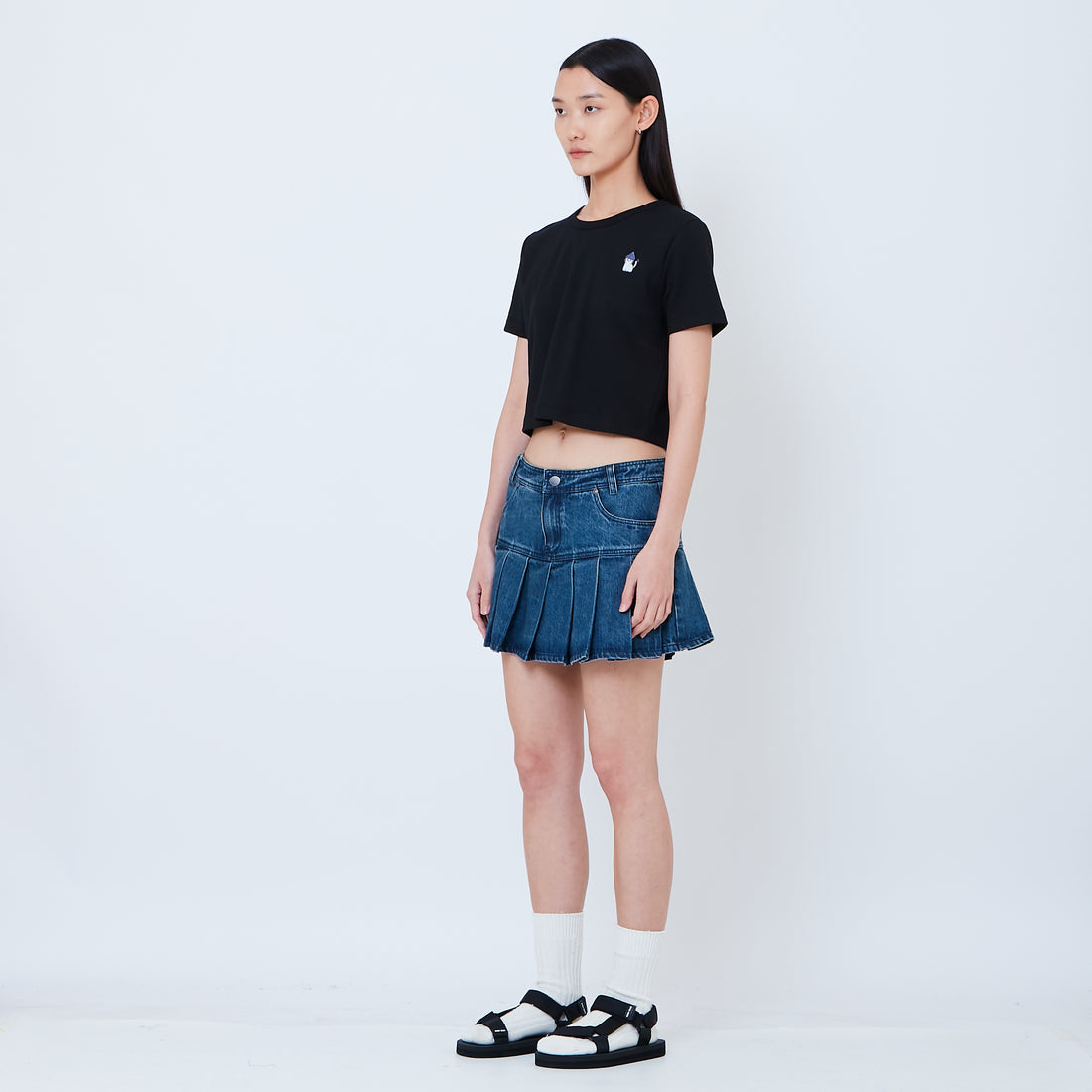 Women Pleated Denim Skirt - Blue - SW2603081B