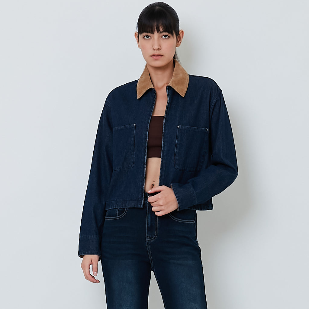 Women Corduroy Collar Denim Jacket - Blue - SW2603084A