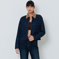 Women Corduroy Collar Denim Jacket - Blue - SW2603084A