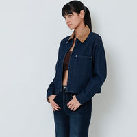 Women Corduroy Collar Denim Jacket - Blue - SW2603084A
