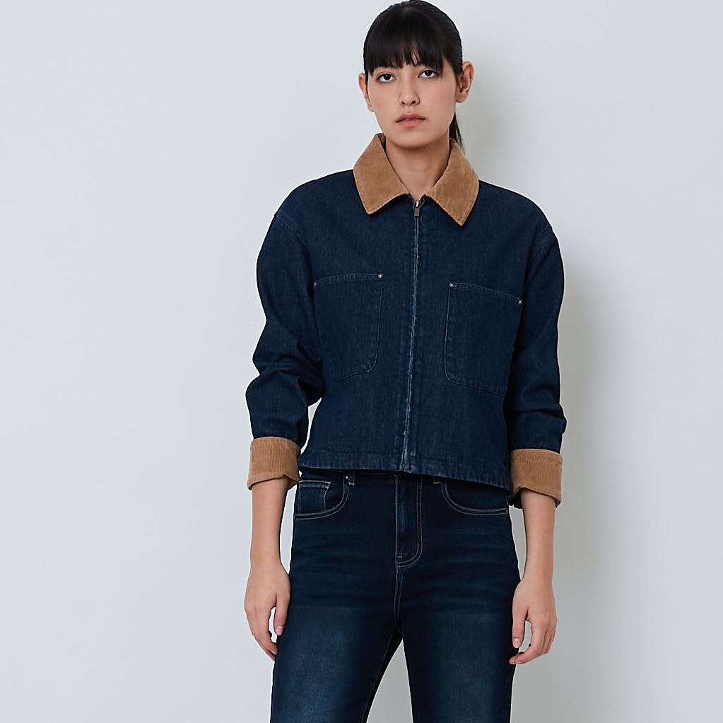 Women Corduroy Collar Denim Jacket - Blue - SW2603084A