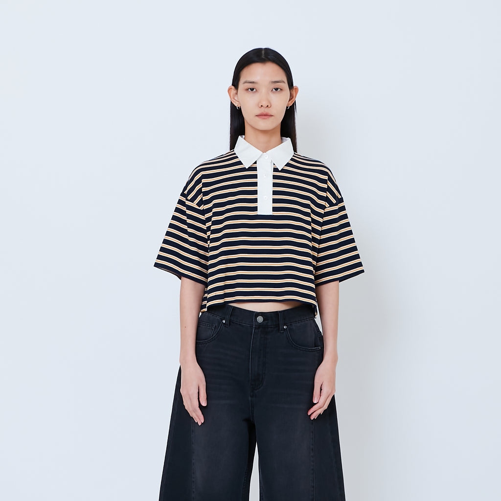 Women Striped Polo Cropped Top - Navy - SW2603087A
