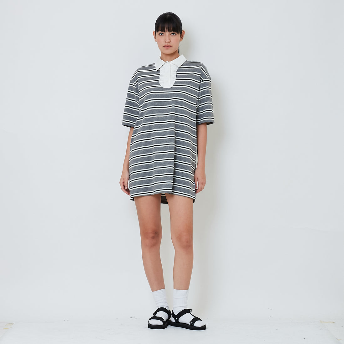 Women Striped Polo Short Dress - Grey - SW2603088A