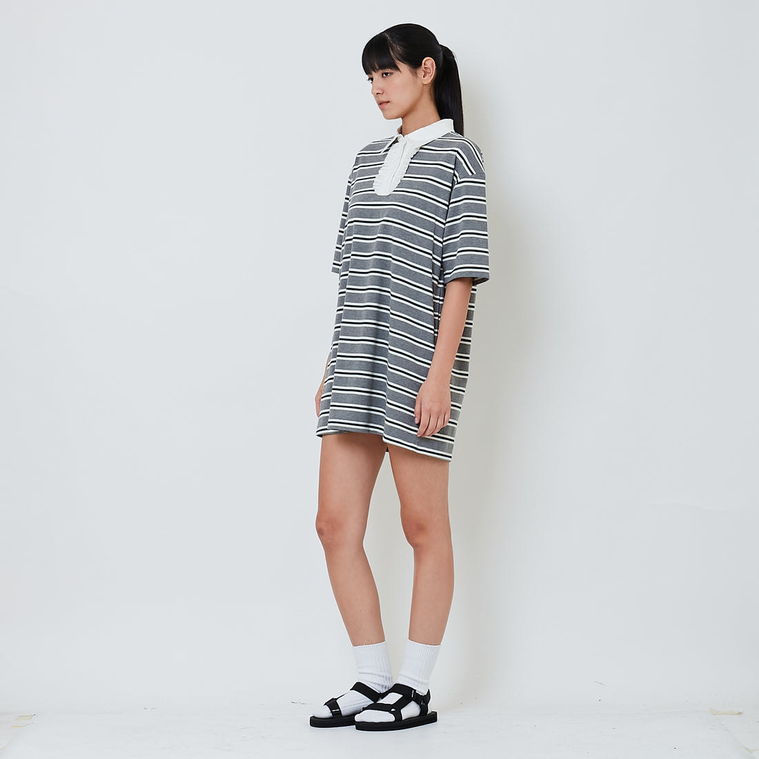 Women Striped Polo Short Dress - Grey - SW2603088A