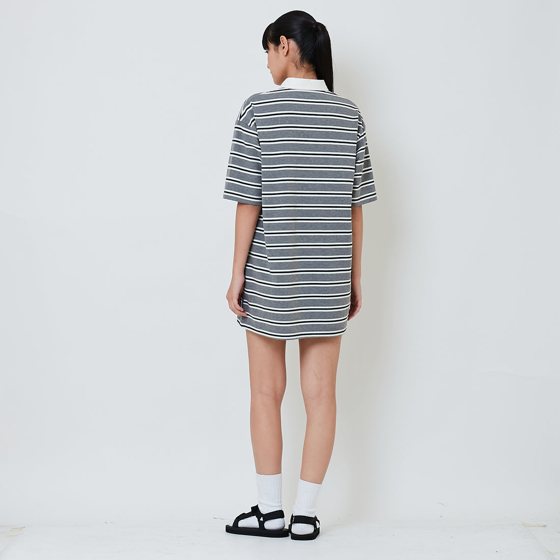 Women Striped Polo Short Dress - Grey - SW2603088A