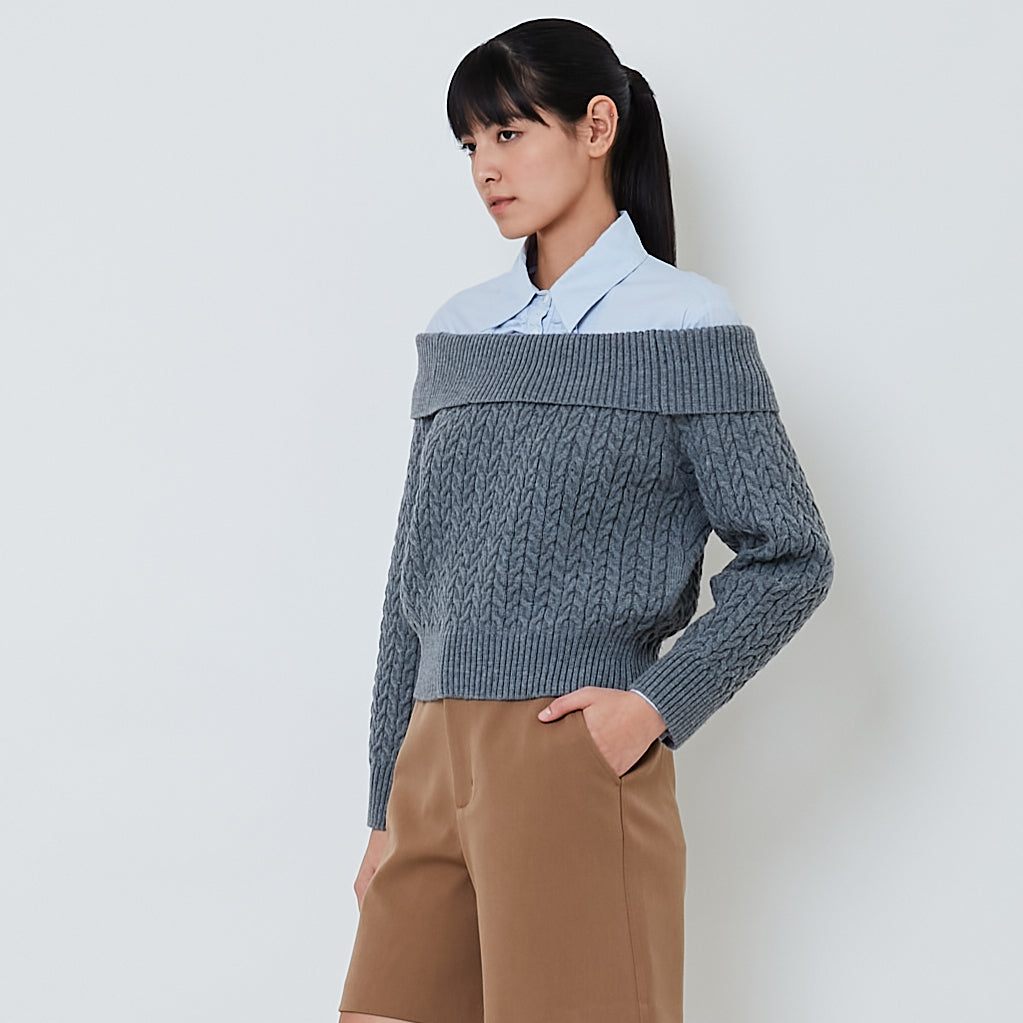 Women Off Shoulder Knit Top - Grey - SW2603091A