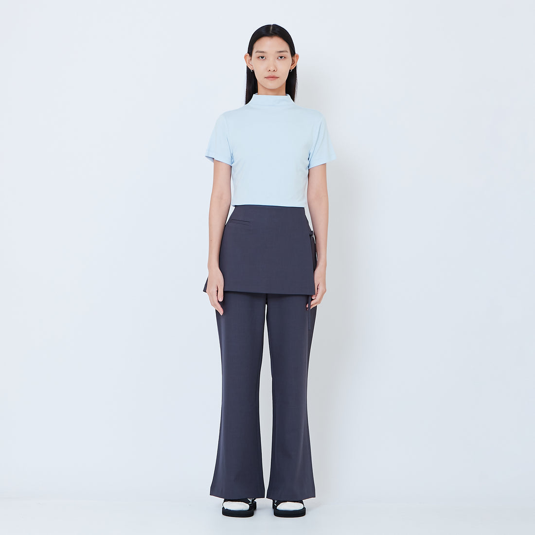 Women Straight Cut Pants with Skirt Overlay - Grey - SW2603102A