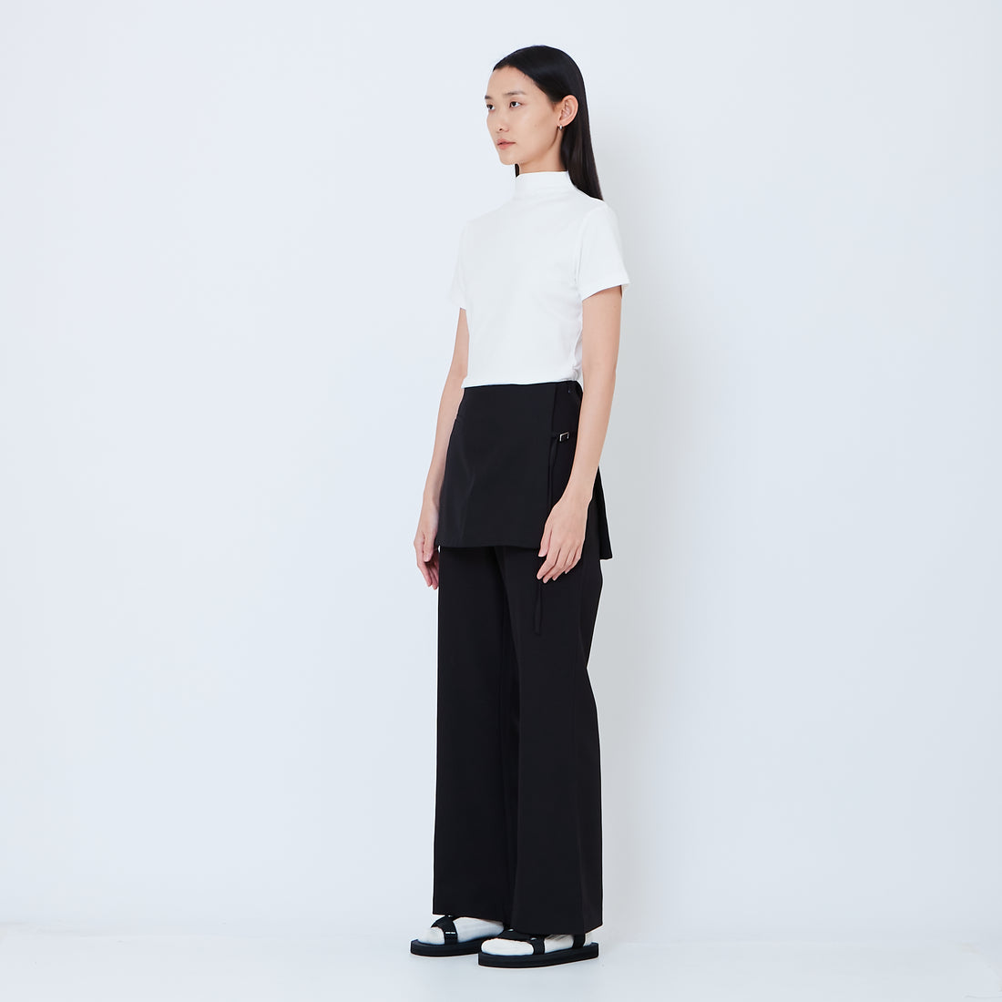 Women Straight Cut Pants with Skirt Overlay - Black - SW2603102B