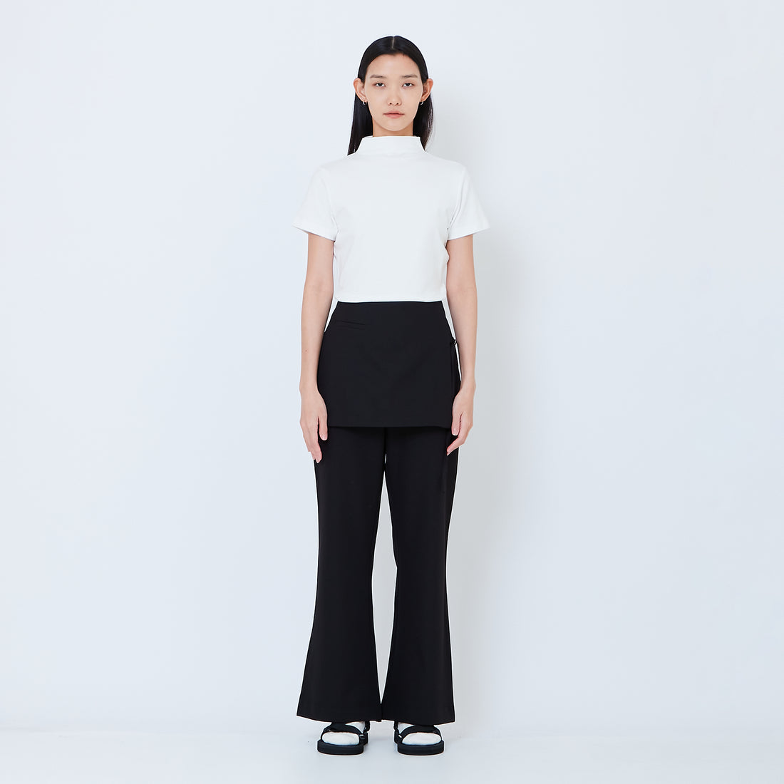 Women Straight Cut Pants with Skirt Overlay - Black - SW2603102B