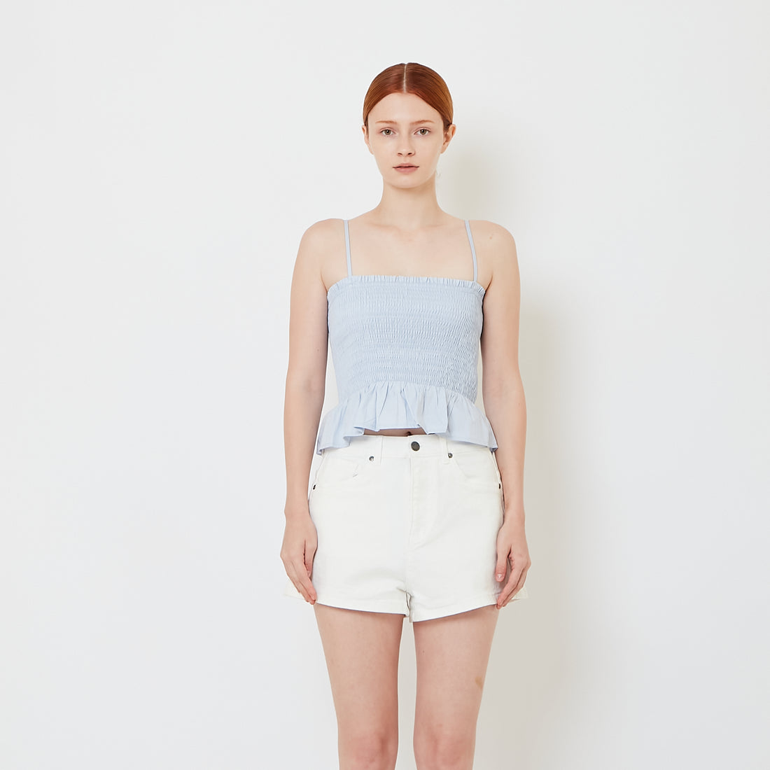 Women Smocked Tank Top - Light Blue - SW2606131B