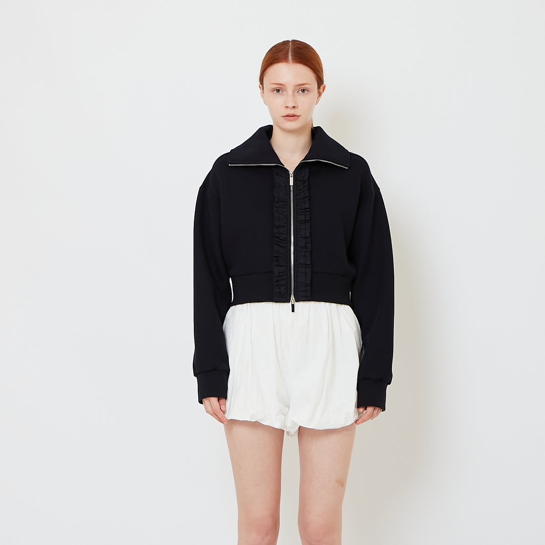 Women Ruffled Neoprene Jacket - Navy - SW2606134B