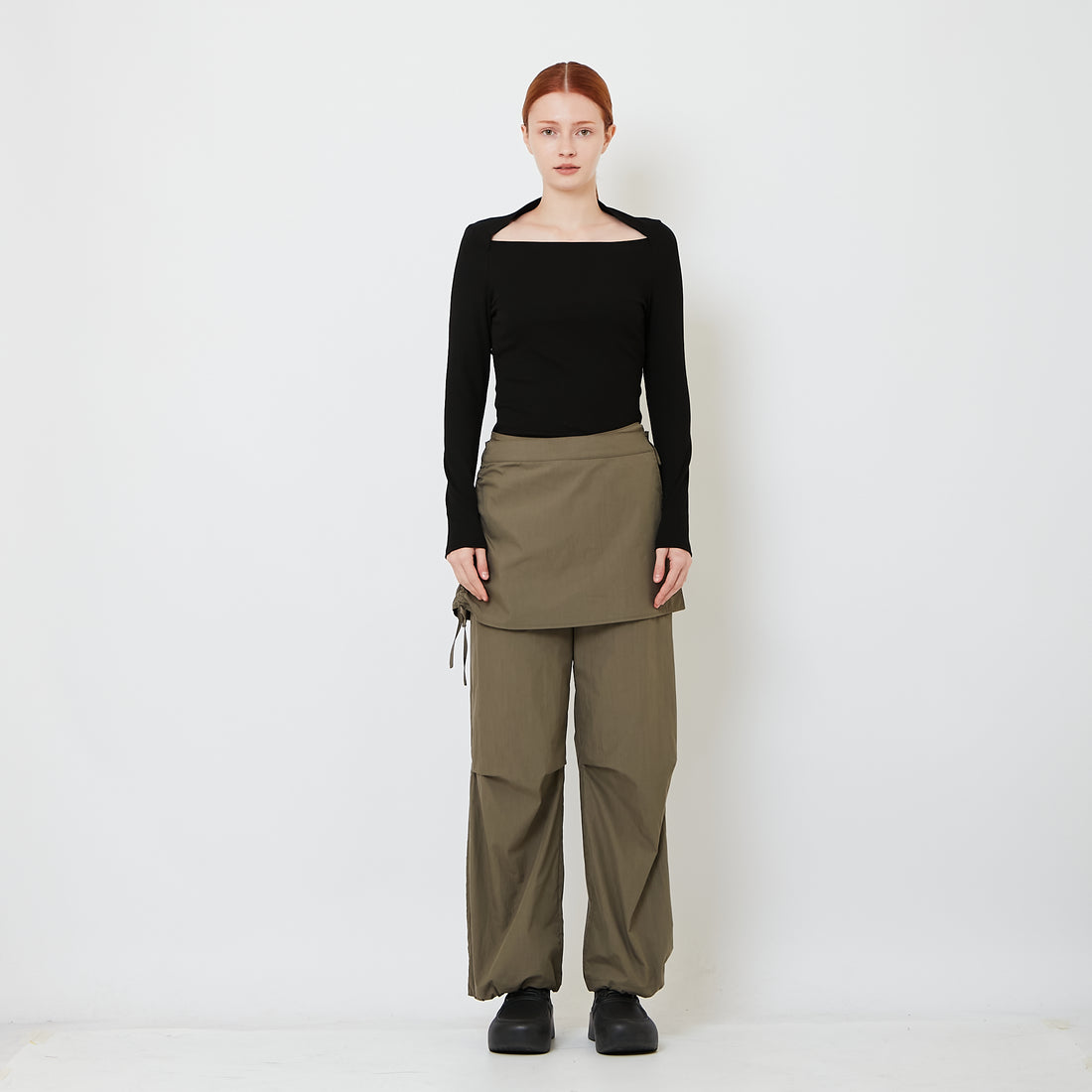 Women Straight Cut Pants with Skirt Overlay - Khaki - SW2606135A