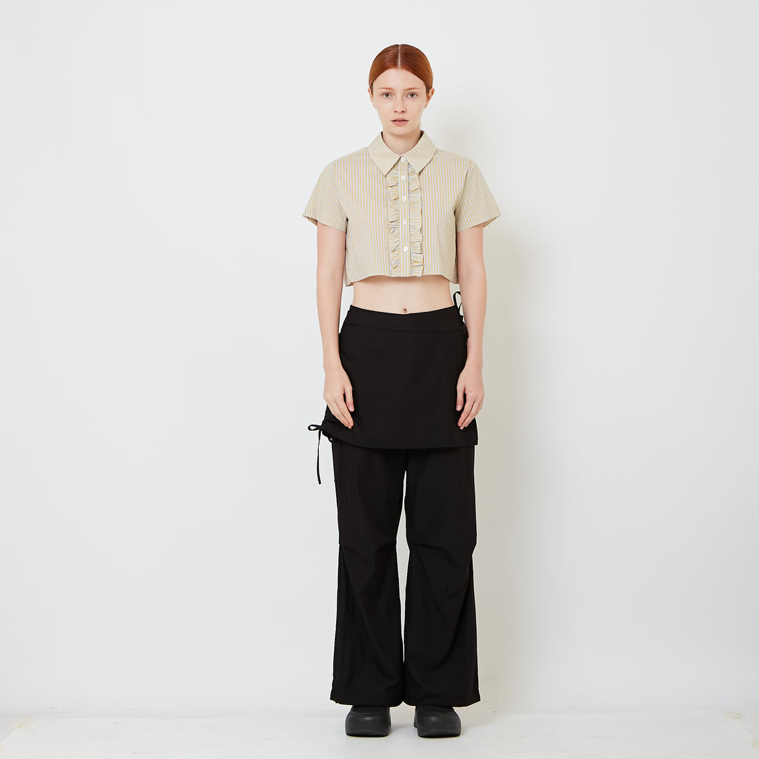 Women Straight Cut Pants with Skirt Overlay - Black - SW2606135B
