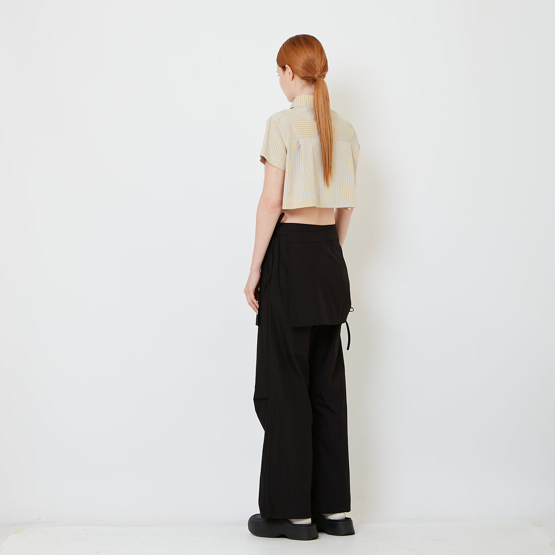 Women Straight Cut Pants with Skirt Overlay - Black - SW2606135B