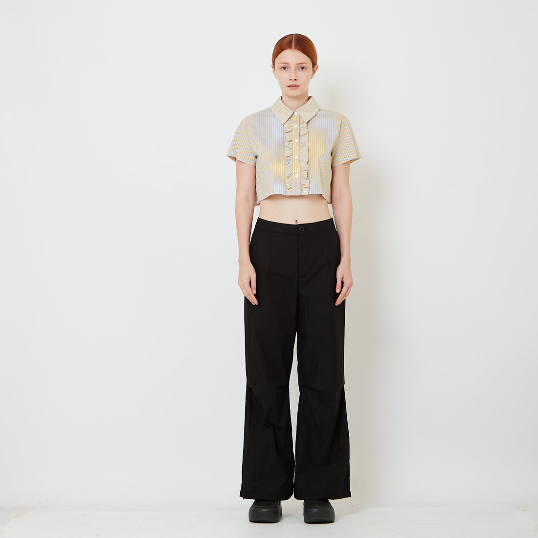 Women Straight Cut Pants with Skirt Overlay - Black - SW2606135B