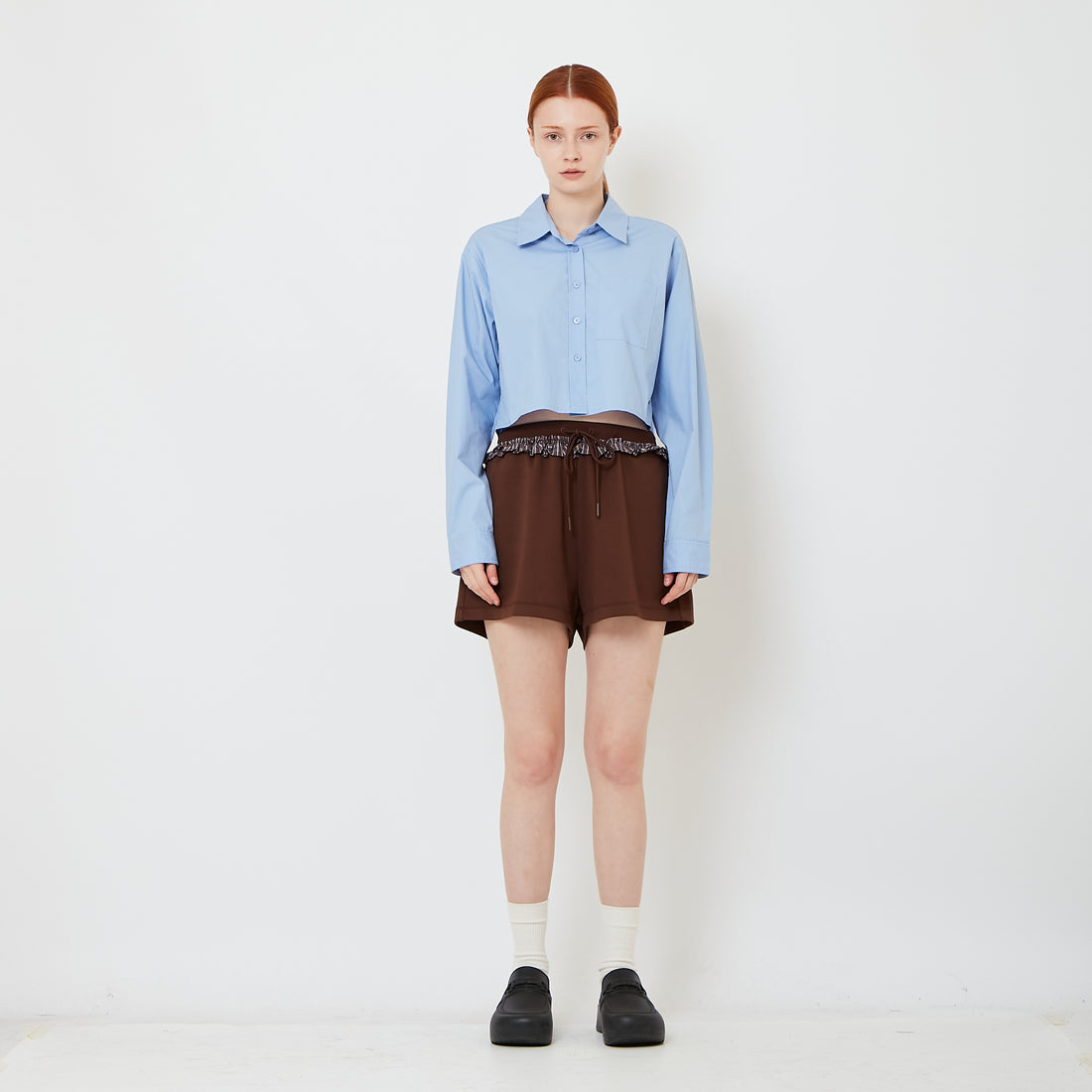 Women Double Waisted Ruffle Shorts - Brown - SW2608152A