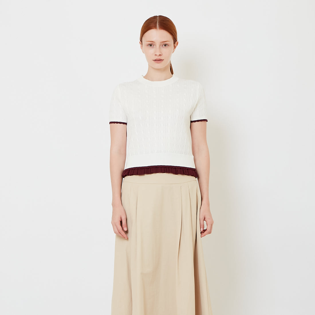 Women Cropped Cable Knit Top with Ruffles - Off White - SW2608156A