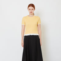 Women Cropped Cable Knit Top with Ruffles - Yellow - SW2608156B