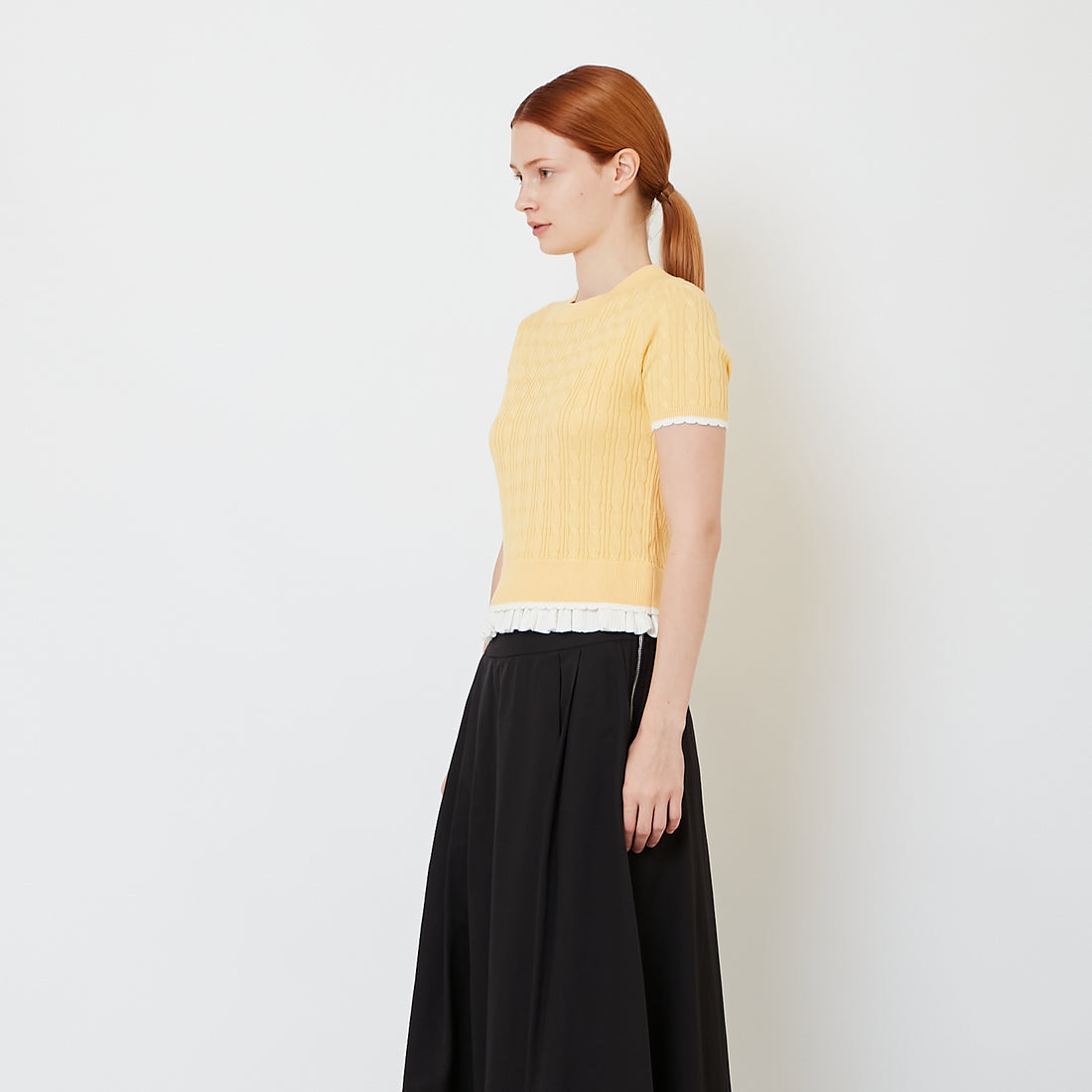 Women Cropped Cable Knit Top with Ruffles - Yellow - SW2608156B