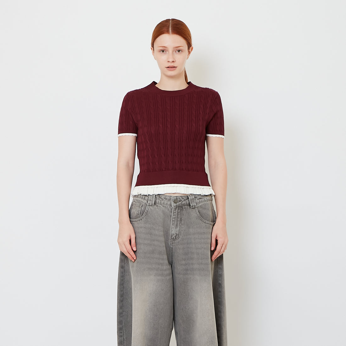 Women Cropped Cable Knit Top with Ruffles - Wine - SW2608156C