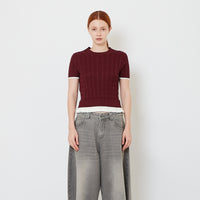 Women Cropped Cable Knit Top with Ruffles - Wine - SW2608156C
