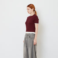 Women Cropped Cable Knit Top with Ruffles - Wine - SW2608156C