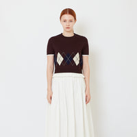 Women Cropped Argyle Knit Top with Ruffles - Dark Brown - SW2608157A