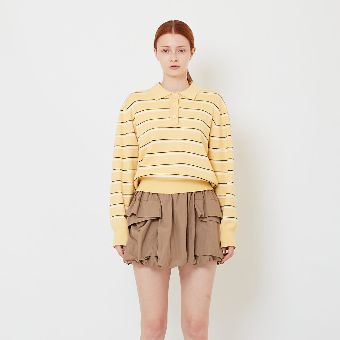 Women Striped Polo Sweater - Yellow - SW2608158B