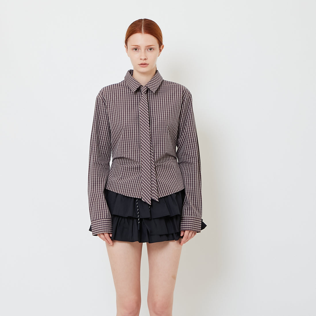 Women Checkered Shirt with Tie - Blue - SW2608161B